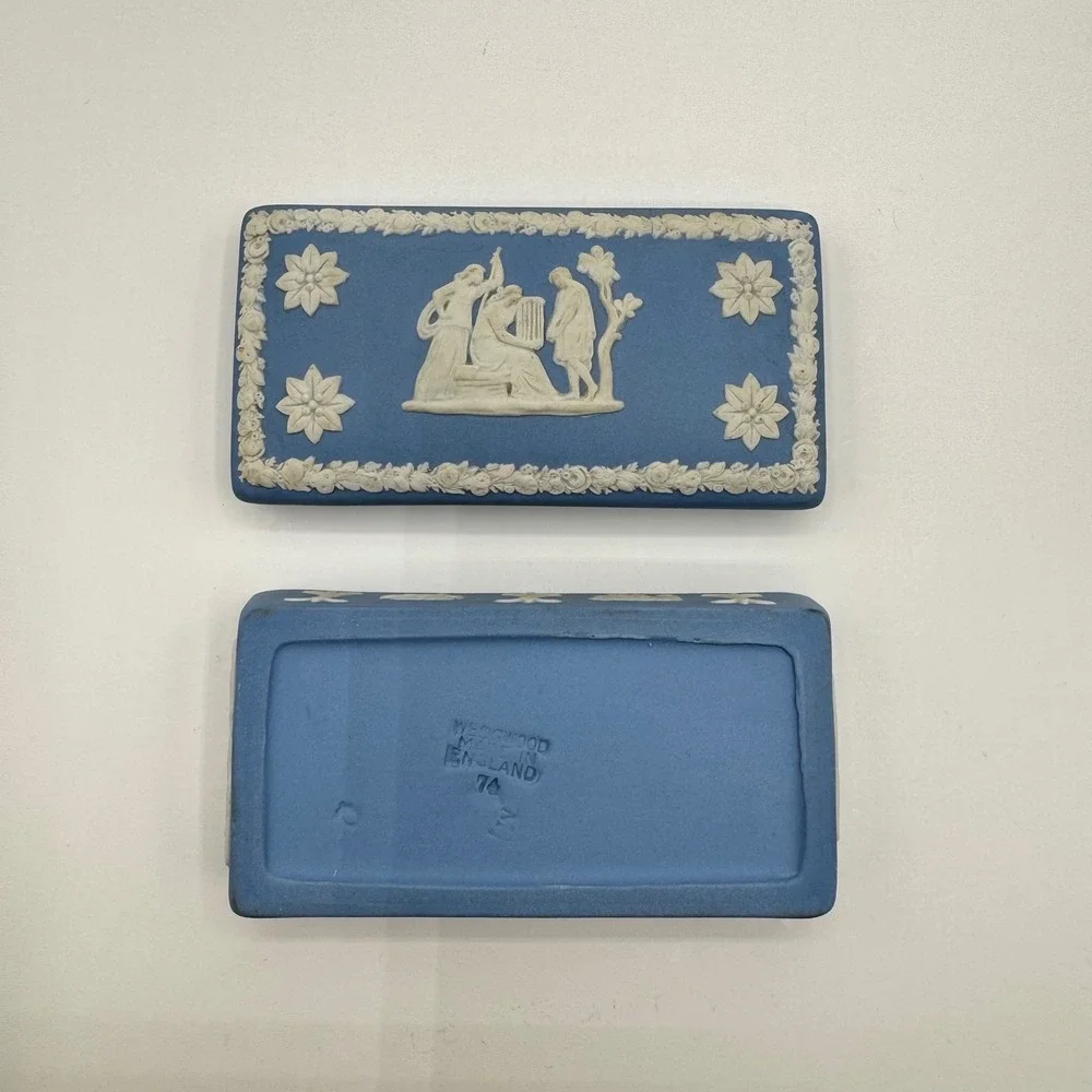 Wedgwood Blue Jasperware Rectangular Trinket Box Neoclassical Made in England